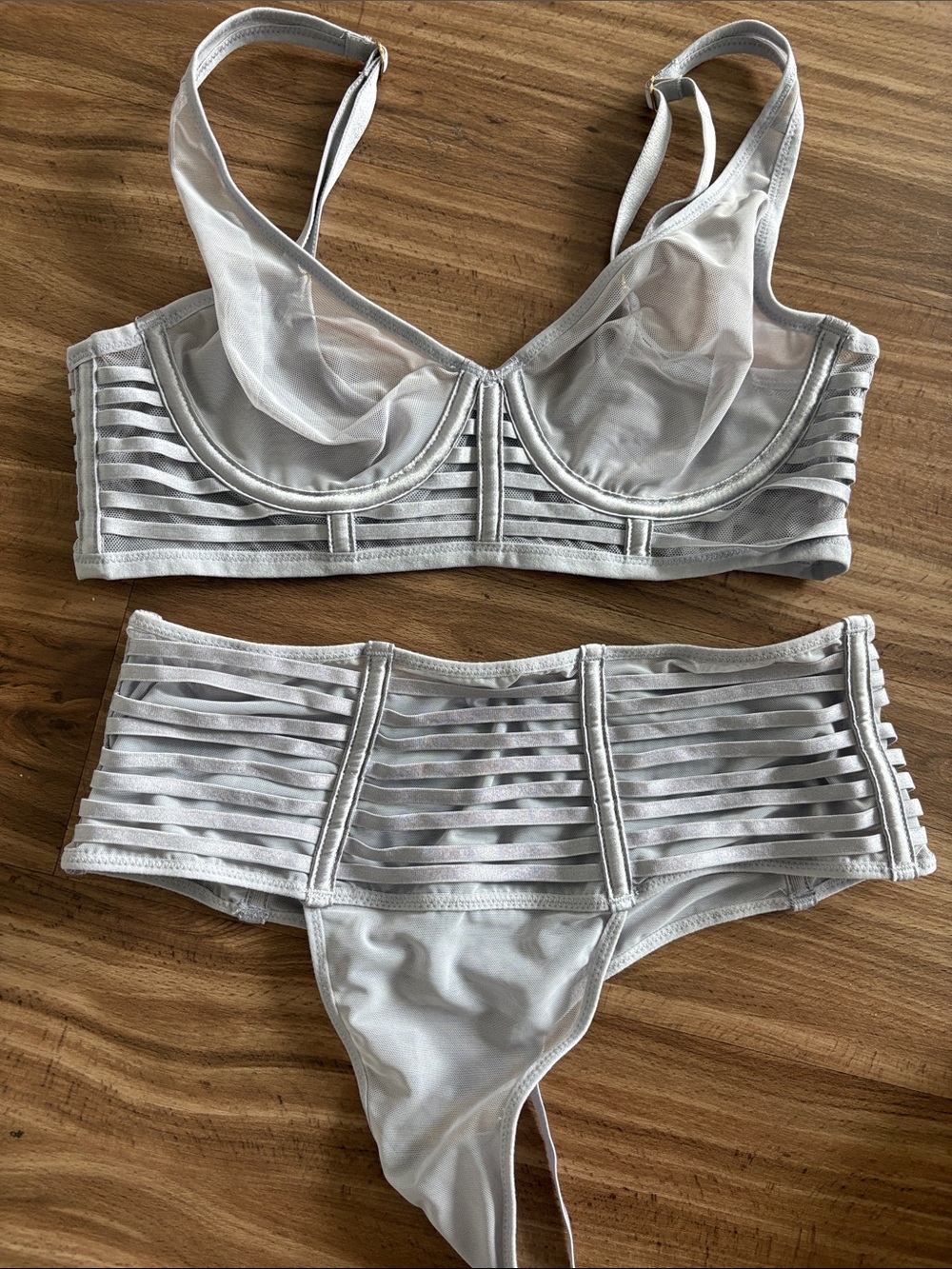 Victoria’s Secret Sheer Strappy Mesh Bra & High-Waist Brief Set - Light Gray